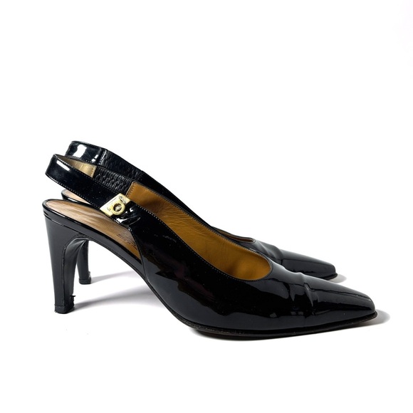 Salvatore Ferragamo Vintage Black Patent Slingback Heels | Italian Designer Pump - Picture 1 of 6